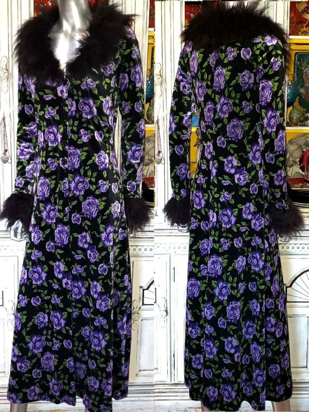 Betsey Johnson Black Velvet Floral Faux Fur Penny Lane Duster Coat Dress Jacket